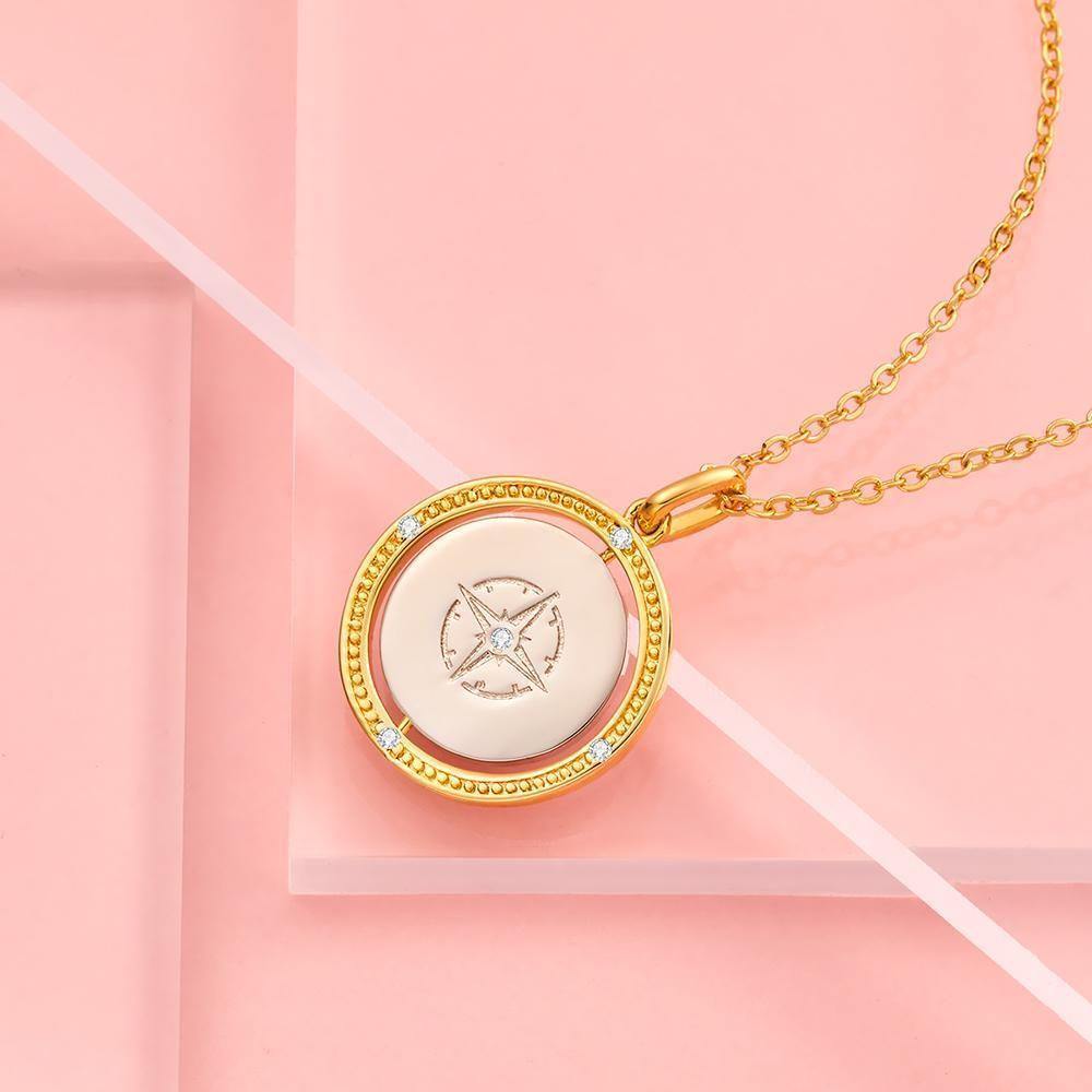 Engraved Necklace Compass Wishing Coin Necklace Custom Necklace 14k Gold Plated Silver - soufeelus