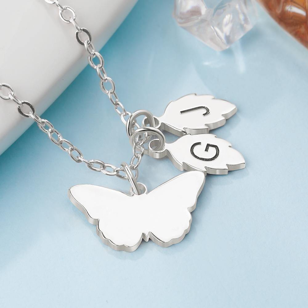 Engraved Necklace with Butterfly and Leaves Memorial Gifts for Her Silver - soufeelus