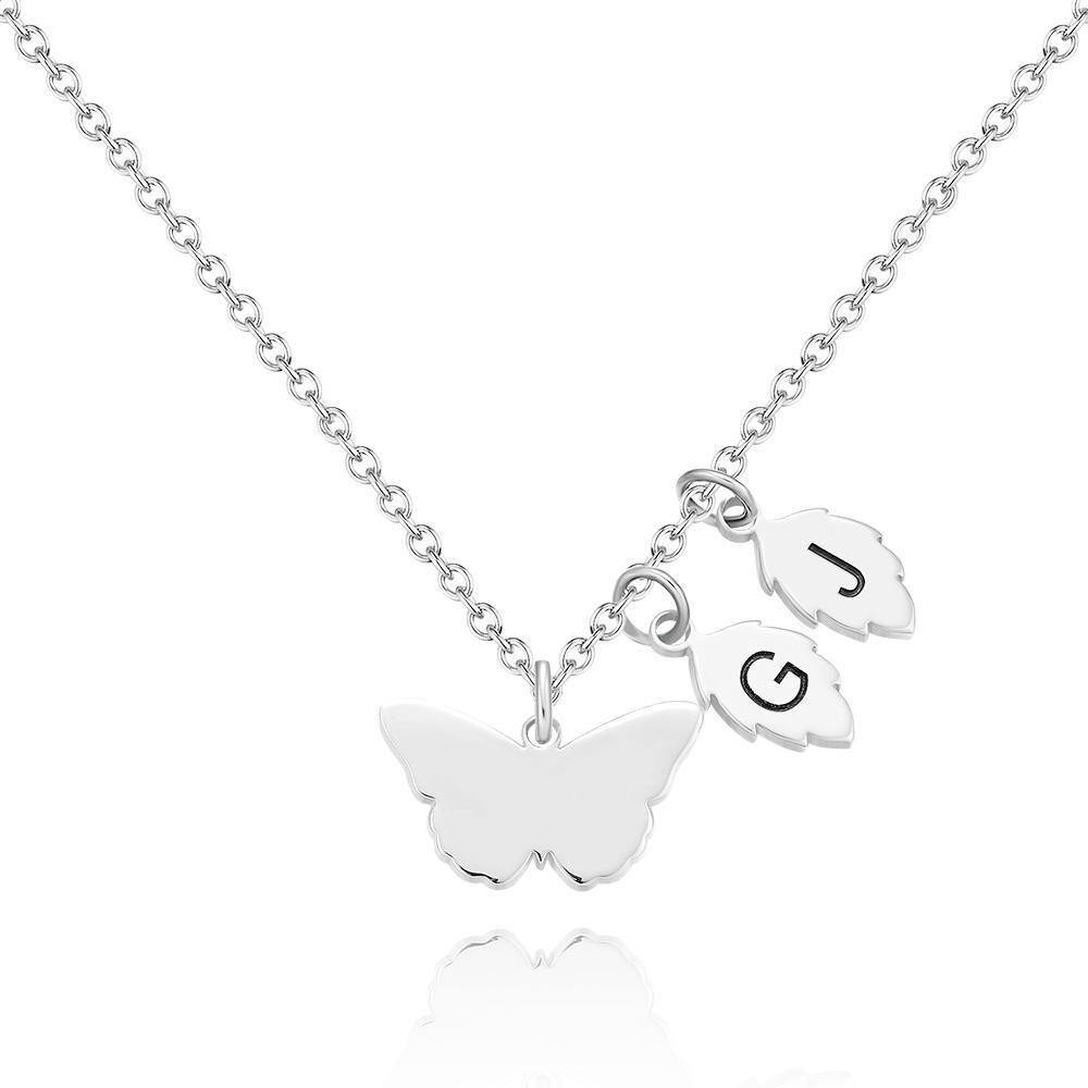 Engraved Necklace with Butterfly and Leaves Necklace Gift for Her Rose Gold Plated Silver - soufeelus