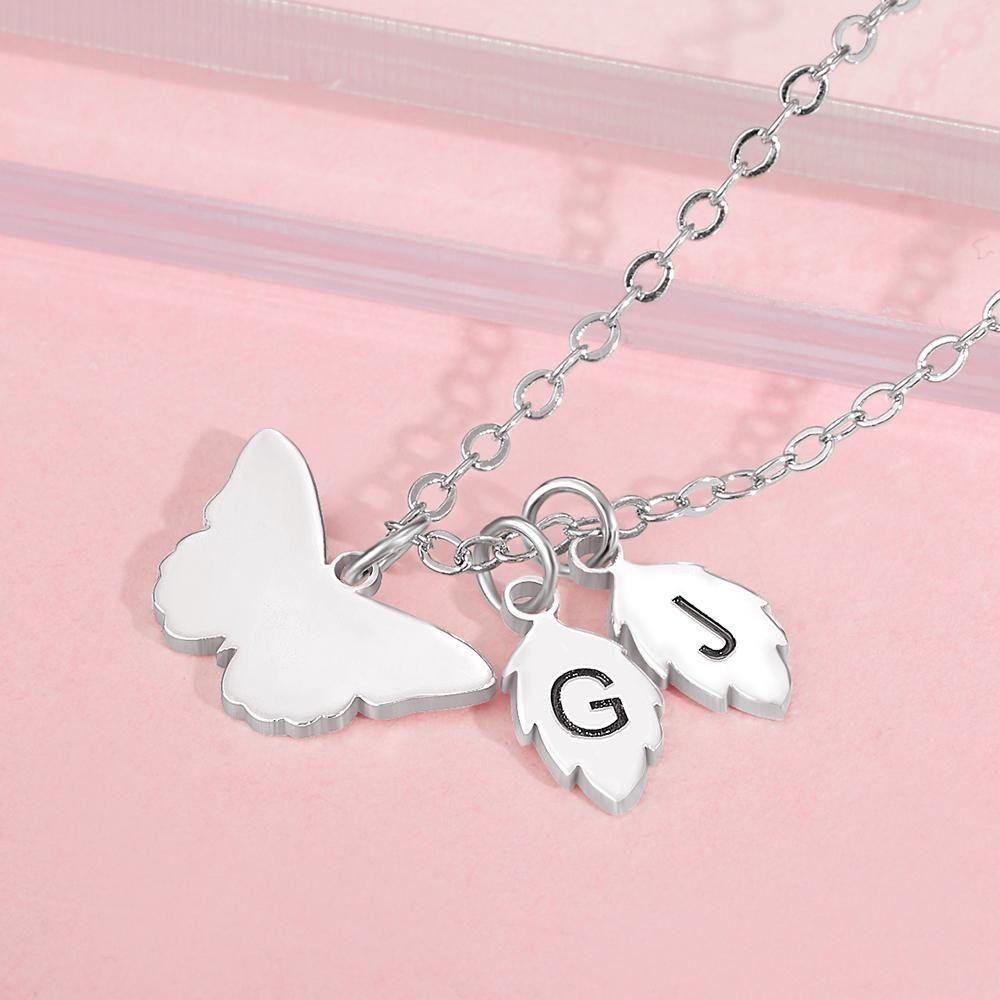 Engraved Necklace with Butterfly and Leaves Memorial Gifts for Her Silver - soufeelus