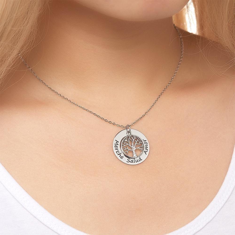 Engraved Necklace Circle Pendant Gift for Family Tree Necklace Anniversary Gift Silver - soufeelus