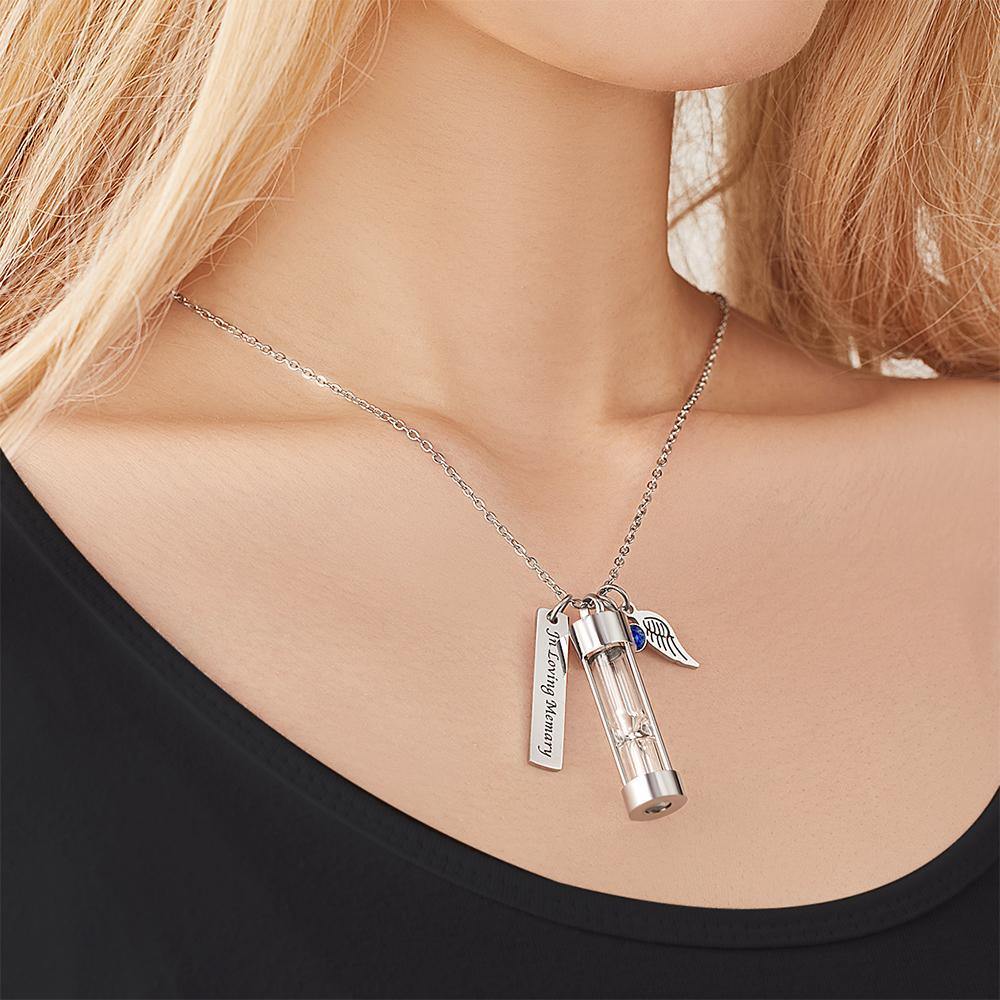 Custom Engraved Angel Wings Hourglass Ashes Necklace with Birthstone Memorial Gifts for Someone - soufeelus