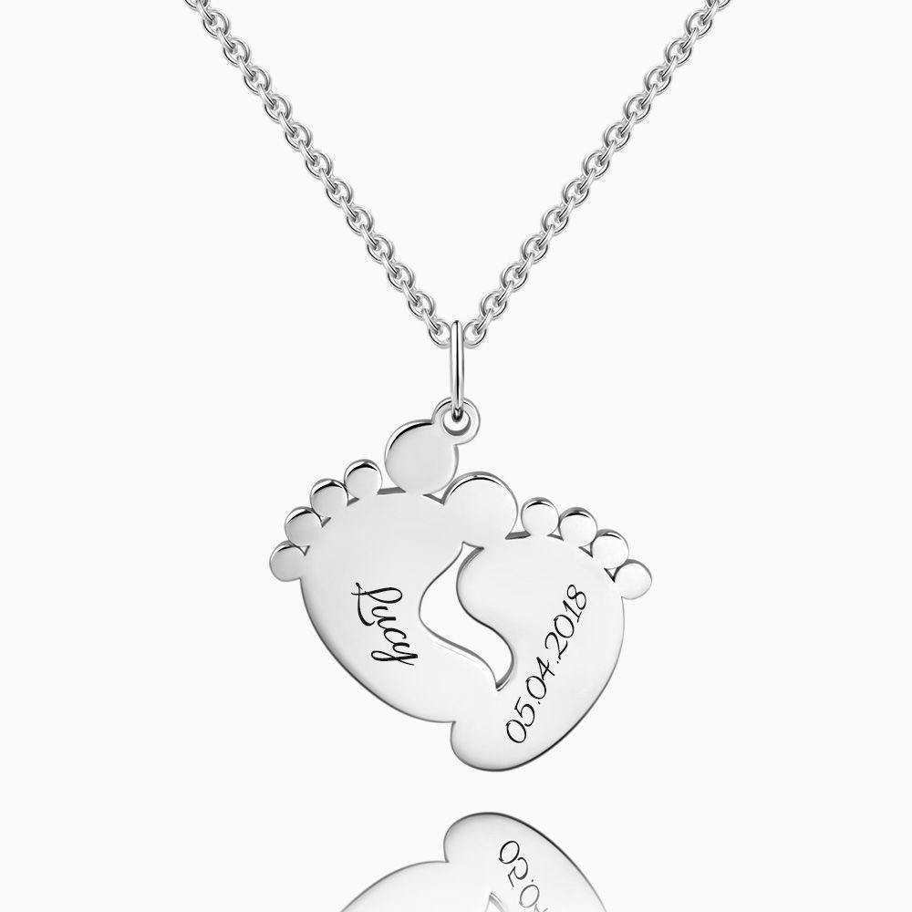 Engraved Baby Feet Necklace Silver - soufeelus