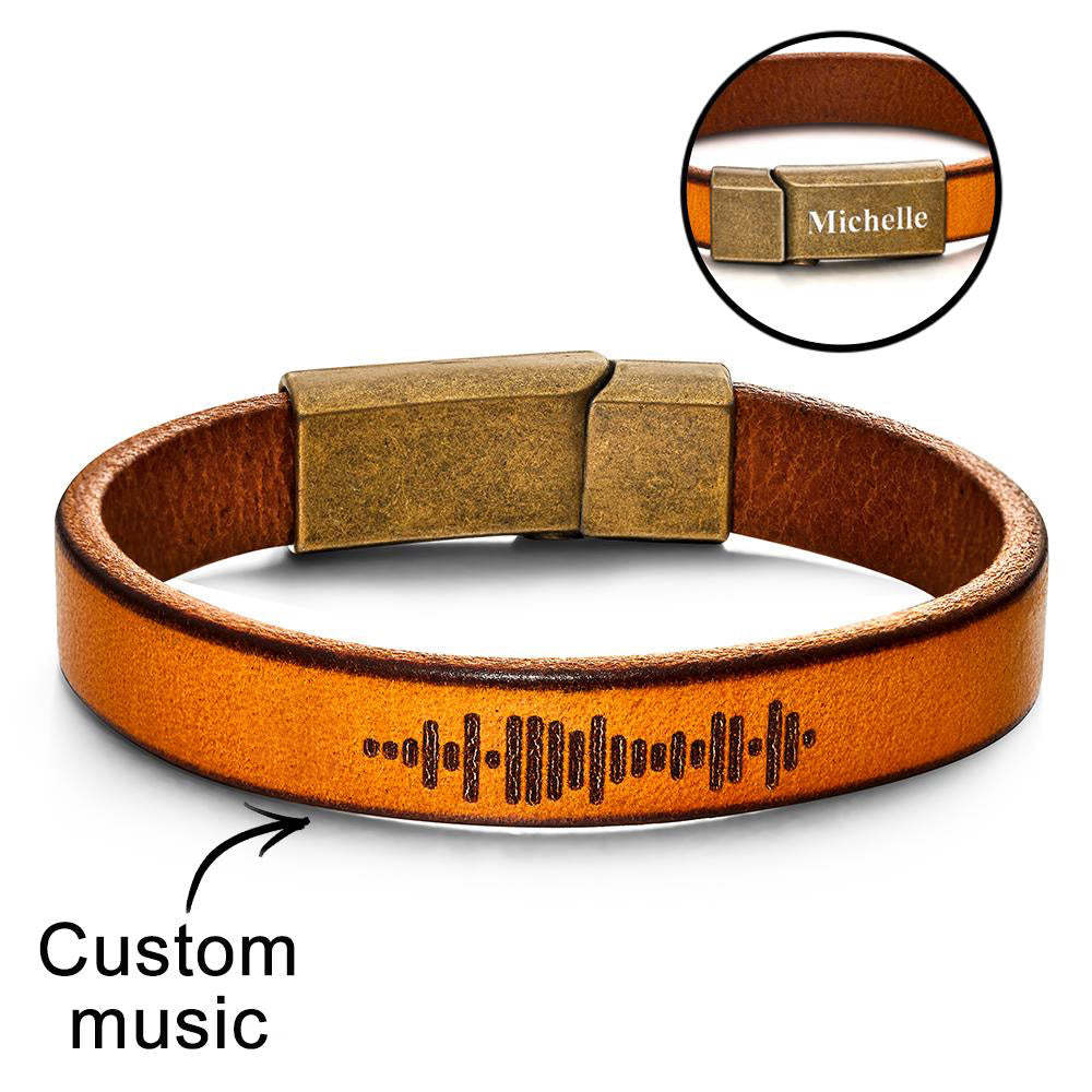 Custom Engraved Music Code Bracelet Personalised Song Leather Bracelet with Strong Magnetic Clasp - soufeelus