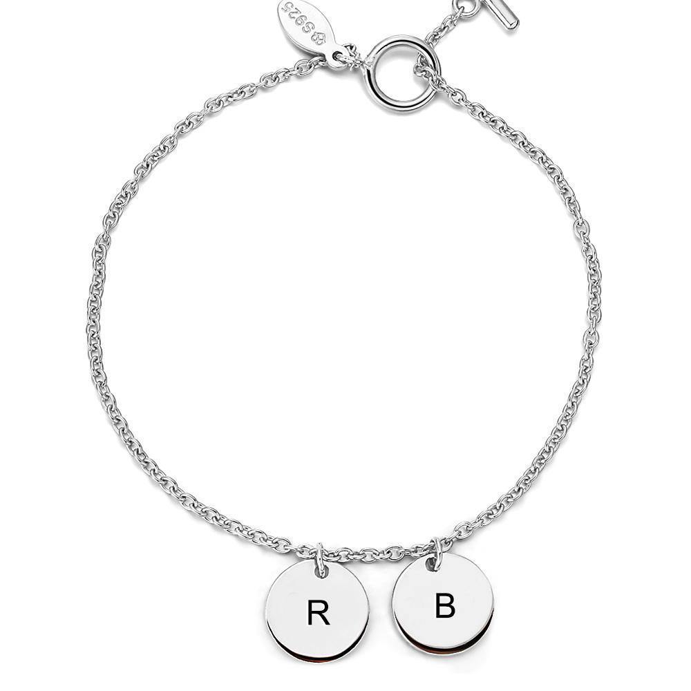 Engraved Initial Two Coins Bracelet Silver - Length Adjustable - soufeelus