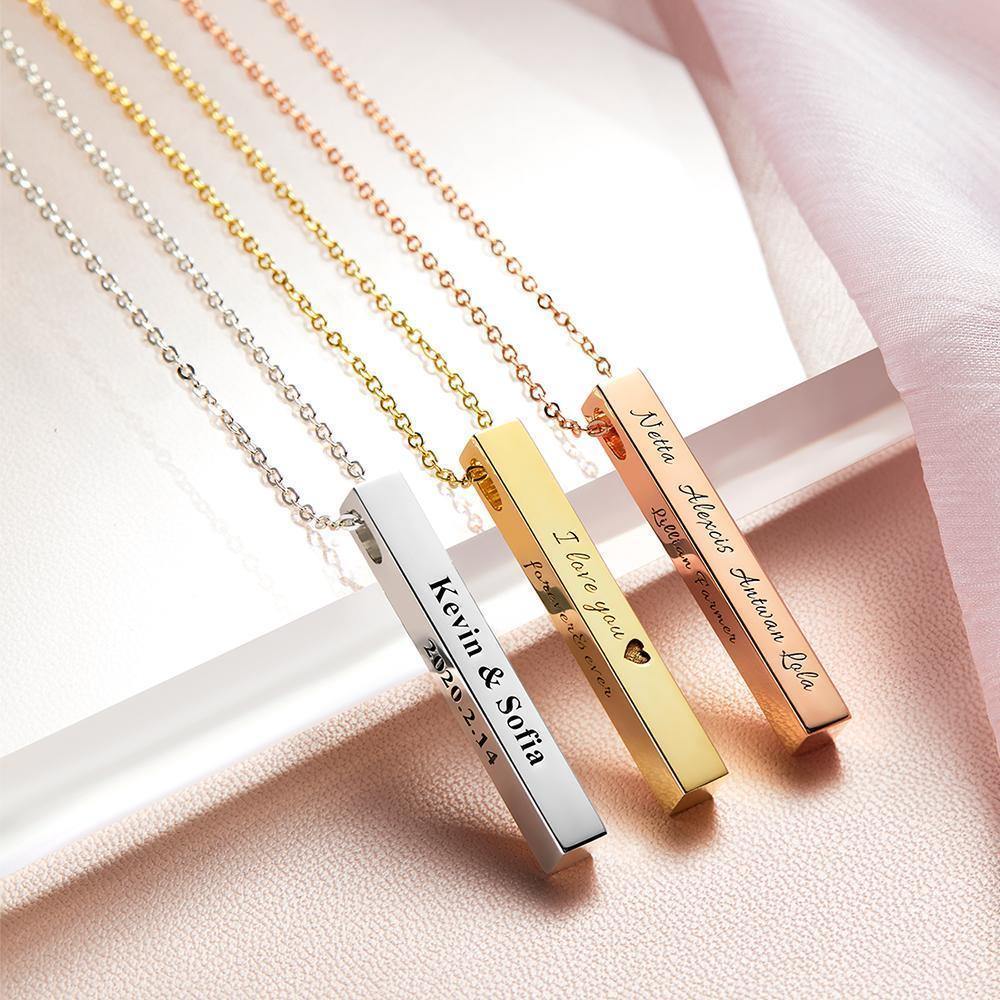 3D Engraving Bar Necklace, 4 Sided Vertical Name Necklace Unique Gifts Golden - soufeelus