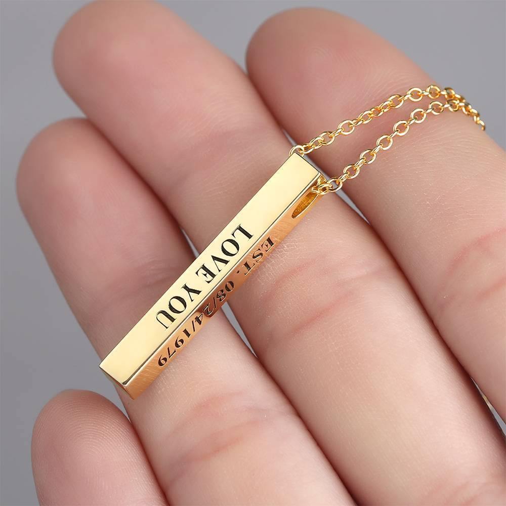 3D Engraving Bar Necklace, 4 Sided Vertical Name Necklace 14K Gold Plated - Golden - soufeelus