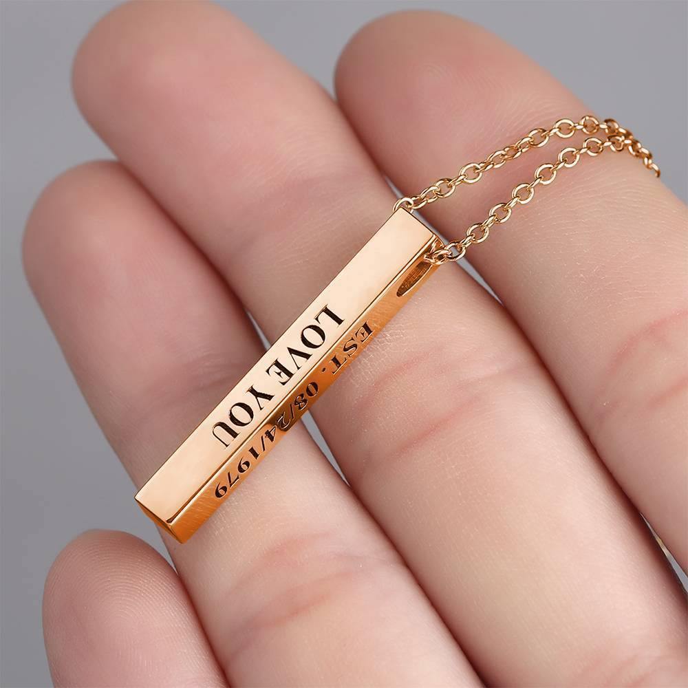 3D Engraving Bar Necklace, 4 Sided Vertical Name Necklace Rose Gold Plated - soufeelus