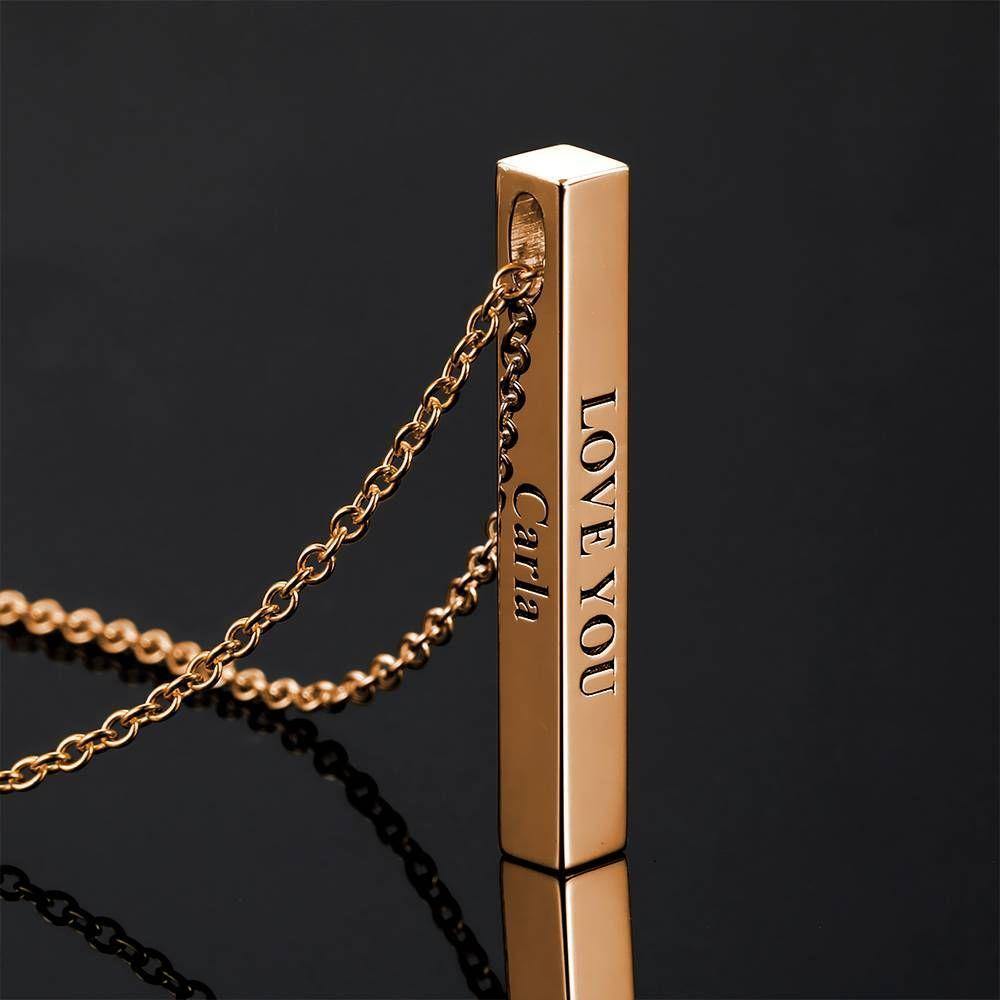 3D Engraving Bar Necklace, 4 Sided Vertical Name Necklace Rose Gold Plated - soufeelus