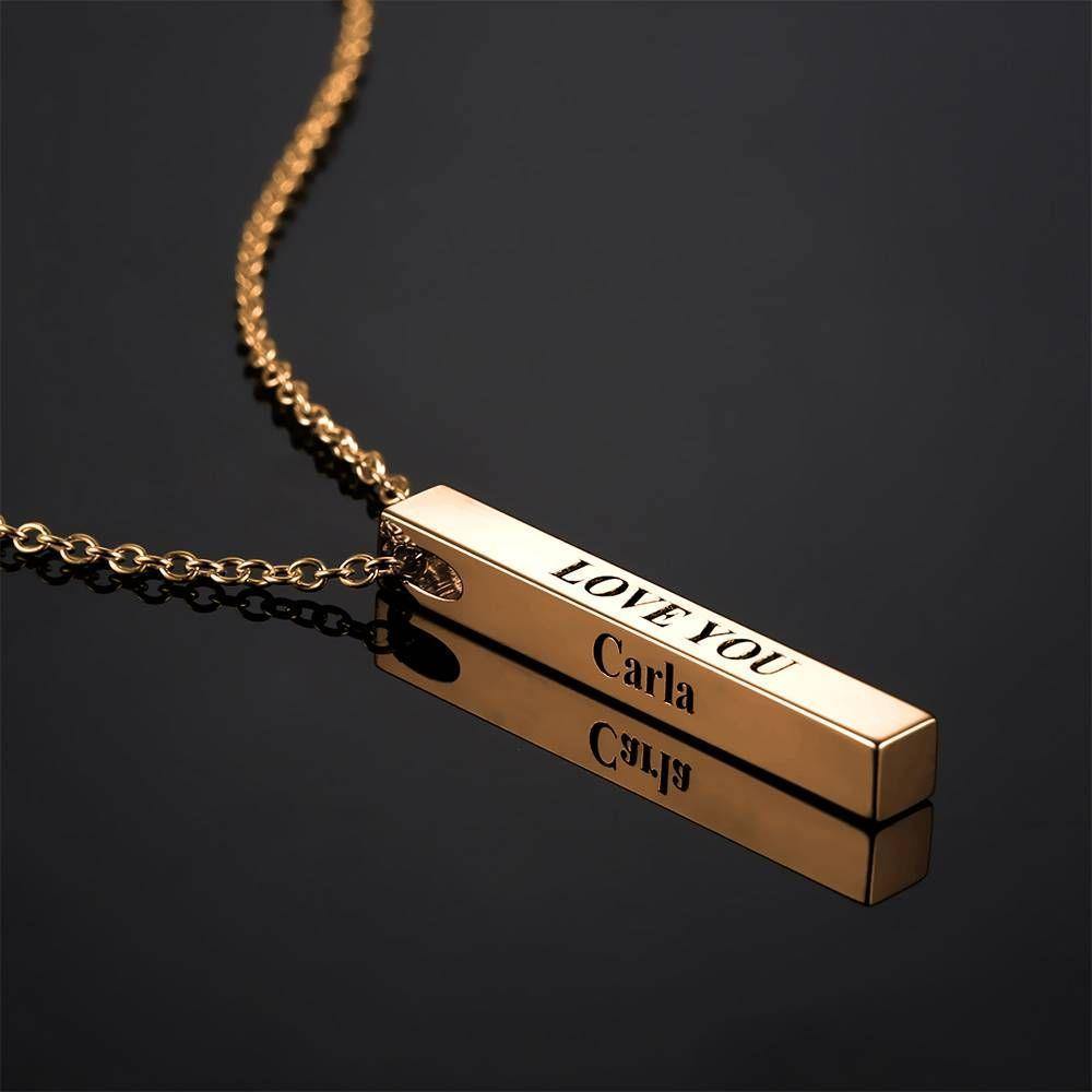 3D Engraving Bar Necklace, 4 Sided Vertical Name Necklace Rose Gold Plated - soufeelus