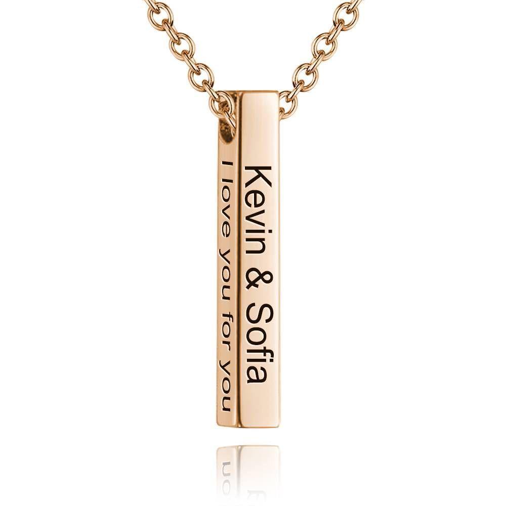 3D Engraving Bar Necklace, 4 Sided Vertical Name Necklace Rose Gold Plated - soufeelus