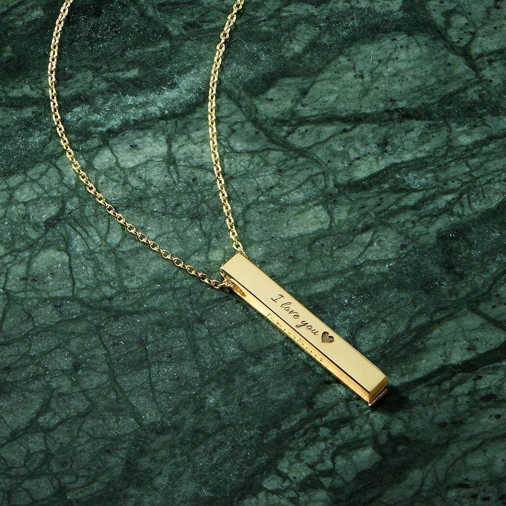 3D Engraving Bar Necklace, 4 Sided Vertical Name Necklace 14K Gold Plated - Golden - soufeelus