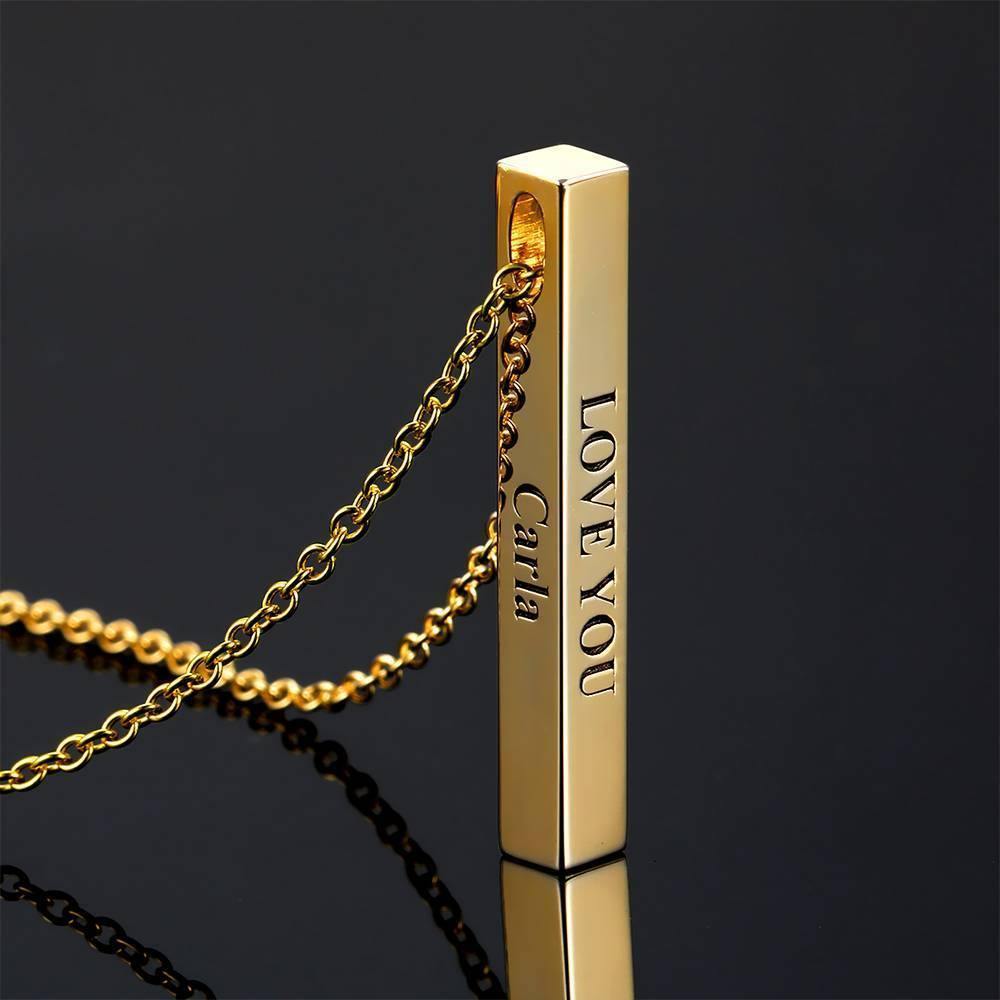 3D Engraving Bar Necklace, 4 Sided Vertical Name Necklace 14K Gold Plated - Golden - soufeelus