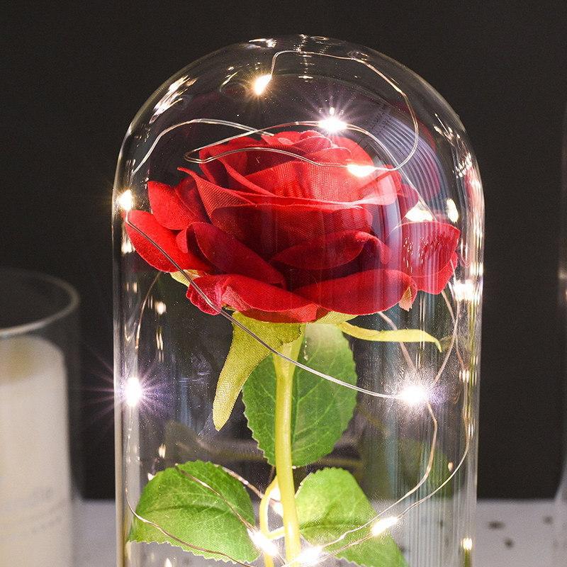 Romantic Simulation Eternal Rose Flower Glass Cover LED Micro Landscape Gifts for lover at Christmas, Anniversary and Valentine's Day