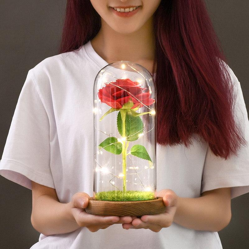 Romantic Simulation Eternal Rose Flower Glass Cover LED Micro Landscape Gifts for lover at Christmas, Anniversary and Valentine's Day