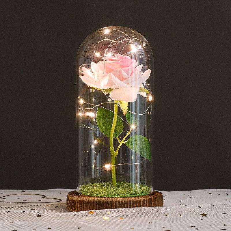 Romantic Simulation Eternal Rose Flower Glass Cover LED Micro Landscape Gifts for lover at Christmas, Anniversary and Valentine's Day