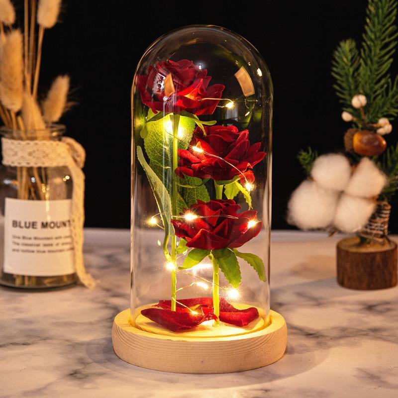 Romantic Simulation Eternal Three Rose Flower Glass Cover LED Micro Landscape, Christmas Gifts, Valentine's Day and Anniversary
