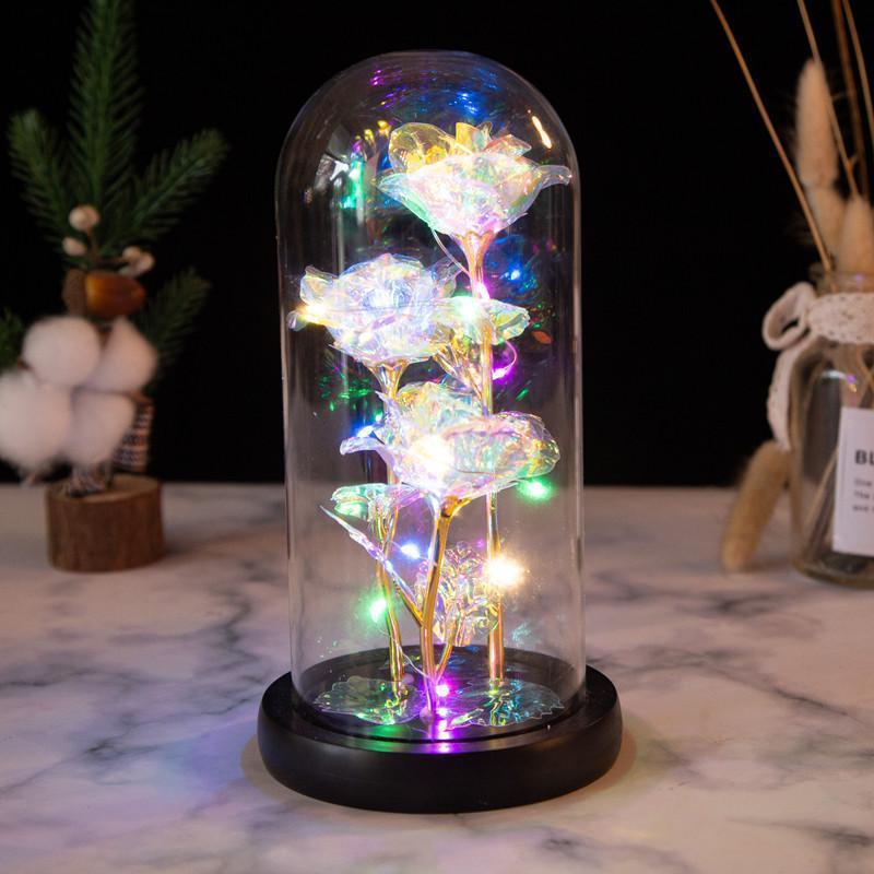 Romantic Simulation Eternal Three Colorful Roses Glass Cover LED Micro Landscape, Valentine's Day, Christmas Gifts and Anniversary