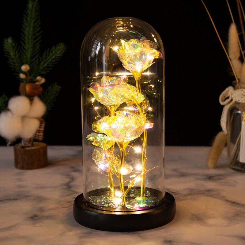 Romantic Simulation Eternal Three Colorful Roses Glass Cover LED  Micro Landscape,  Valentine's Day and Anniversary£¬Christmas Gifts