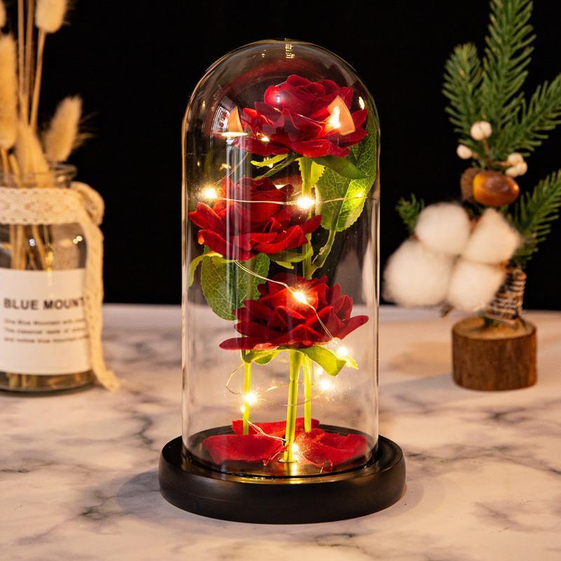 Romantic Simulation Eternal Three Rose Flower Glass Cover LED Micro Landscape, Valentine's Day and Anniversary, Christmas Gifts