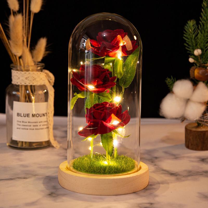 Romantic Simulation Eternal Three Rose Flower Glass Cover LED  Micro Landscape Gifts for Lover at Christmas,  Valentine's Day and Anniversary