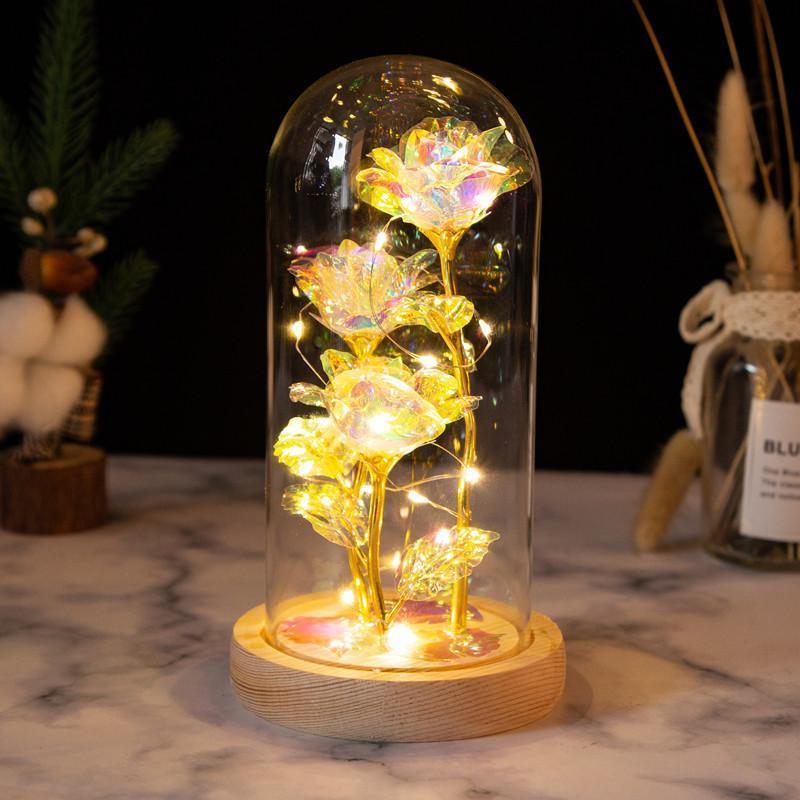 Romantic Simulation Eternal Three Colorful Roses Glass Cover LED Micro Landscape, Christmas Gifts, Valentine's Day and Anniversary