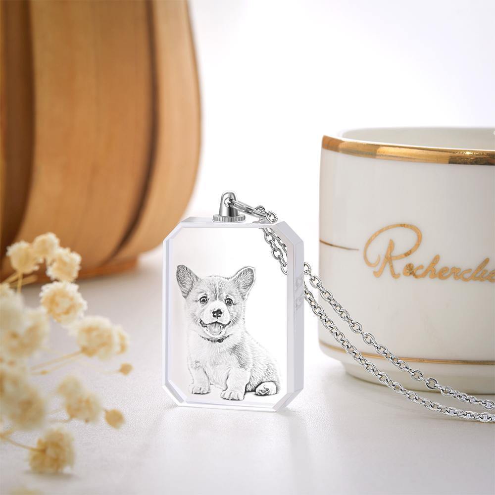 Crystal Photo Necklace Laser Etched Crystal Necklace Silver Color Chain Gifts Ideas Cute Pet - soufeelus