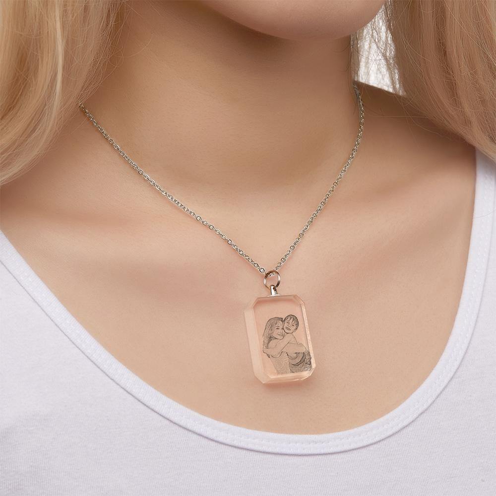 Photo Necklace Laser Etched Crystal Necklace Silver Color Chain Gifts Ideas Gifts for Mom - soufeelus