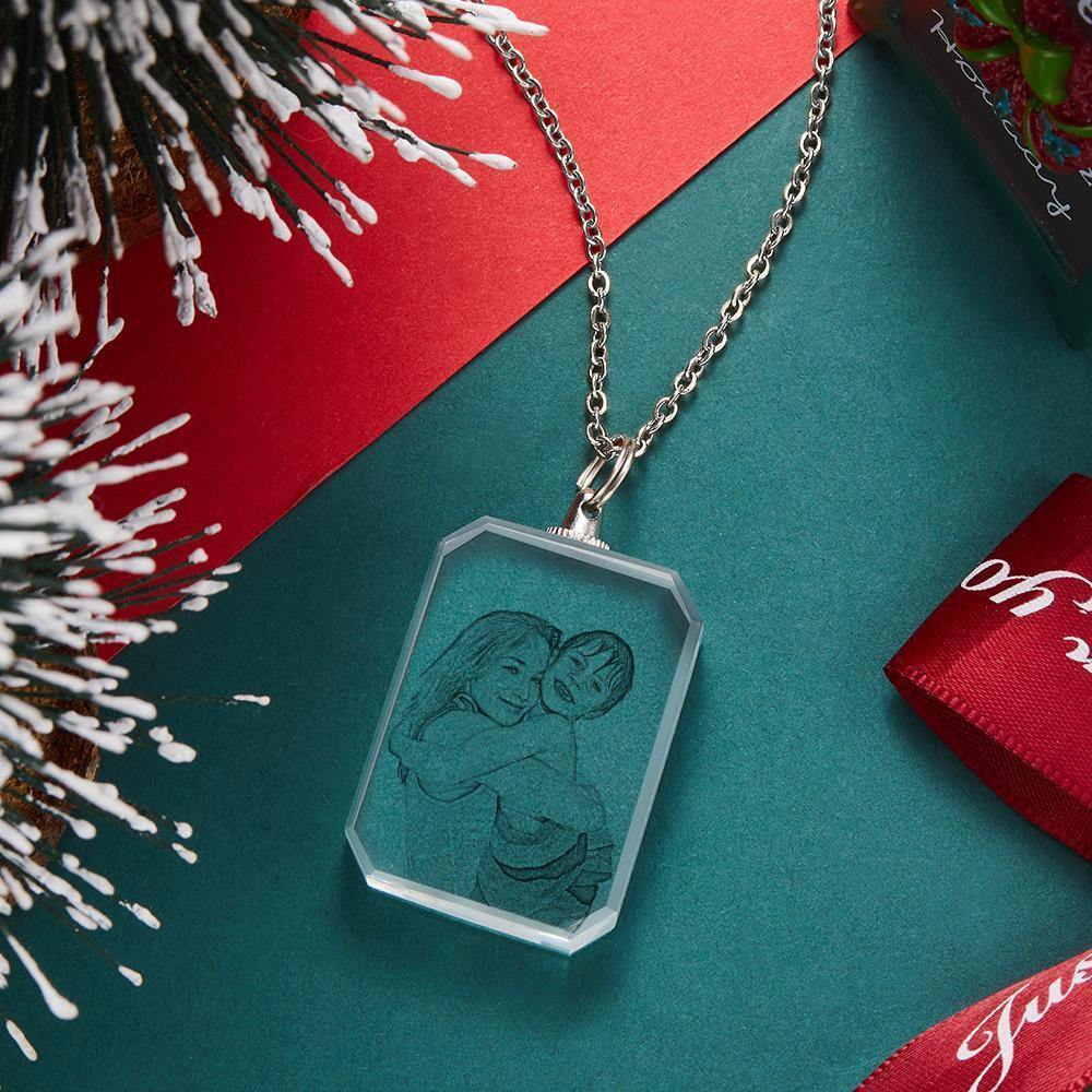 Photo Necklace Laser Etched Crystal Necklace Silver Color Chain Gifts Ideas Gifts for Mom - soufeelus