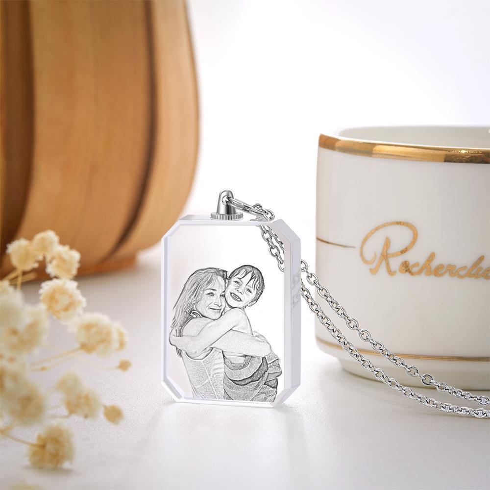 Photo Necklace Laser Etched Crystal Necklace Silver Color Chain Gifts Ideas Gifts for Mom - soufeelus