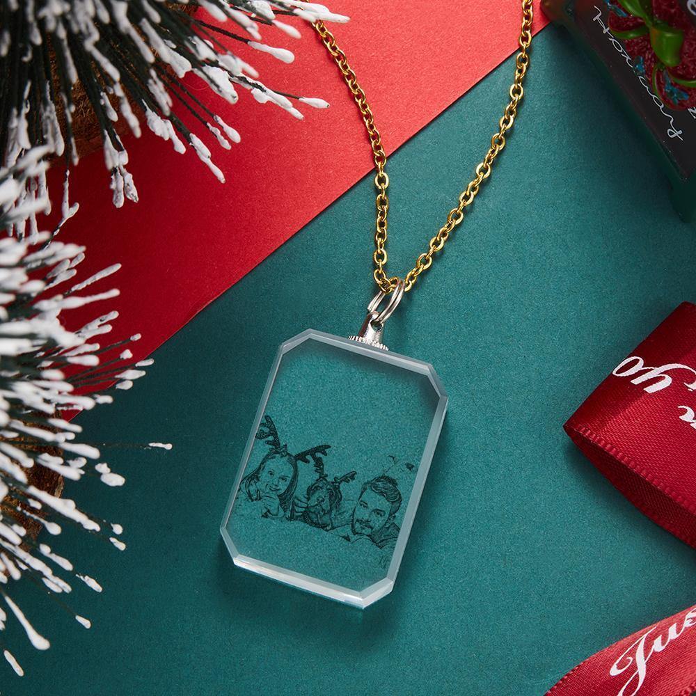 Merry Christmas Photo Necklace Custom Laser Engraved Photo Crystal Necklace Golden Color Chain Gifts for Family - soufeelus