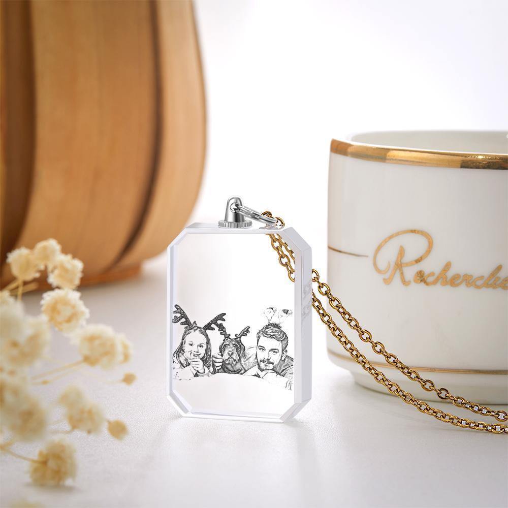 Merry Christmas Photo Necklace Custom Laser Engraved Photo Crystal Necklace Golden Color Chain Gifts for Family - soufeelus