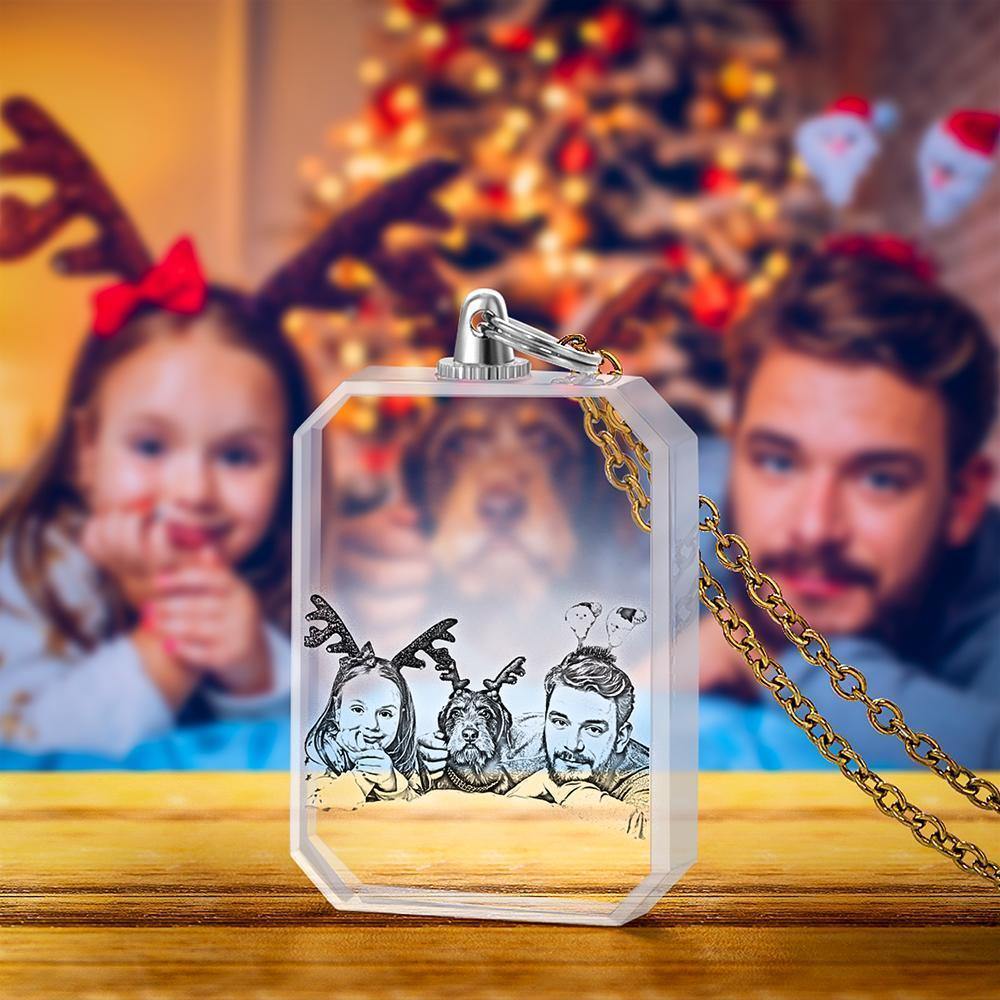 Merry Christmas Photo Necklace Custom Laser Engraved Photo Crystal Necklace Golden Color Chain Gifts for Family - soufeelus