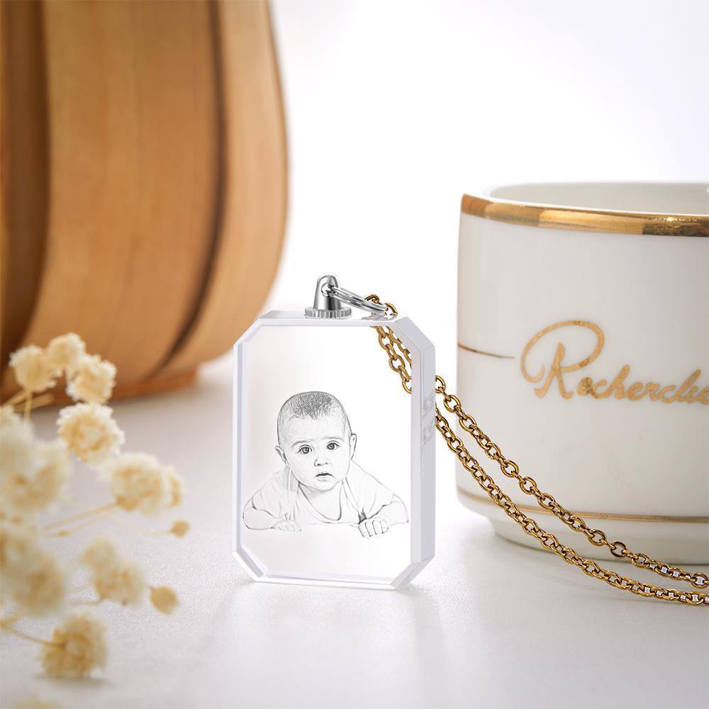 Photo Necklace Laser Engraved Photo Crystal Necklace Silver Color Chain Gifts Ideas Baby Picture Memorial Gifts - soufeelus