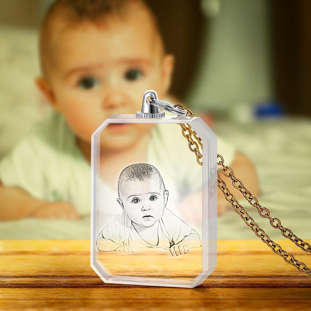 Photo Necklace Laser Engraved Photo Crystal Necklace Silver Color Chain Gifts Ideas Baby Picture Memorial Gifts - soufeelus