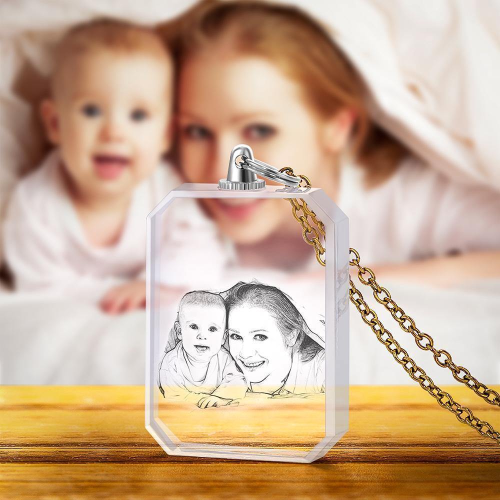 Photo Necklace Laser Etched Crystal Necklace Golden Color Chain Gifts Ideas Gifts for Mom - soufeelus