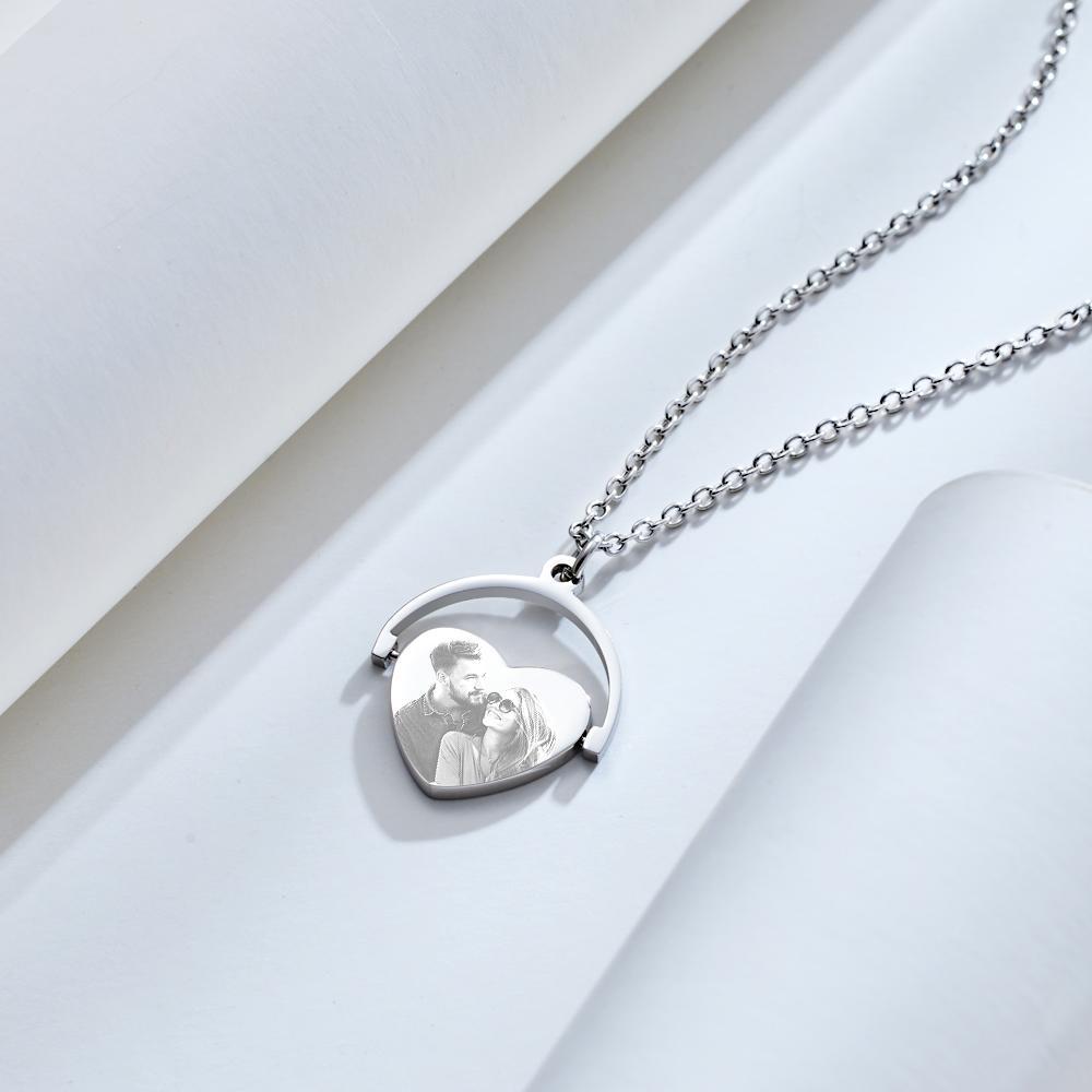Custom Engraved Heart Photo Necklace Love Flip Pendant for Your Loved Ones - 