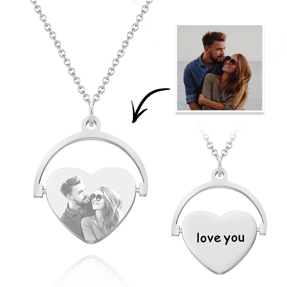 Custom Engraved Heart Photo Necklace Love Flip Pendant for Your Loved Ones - 