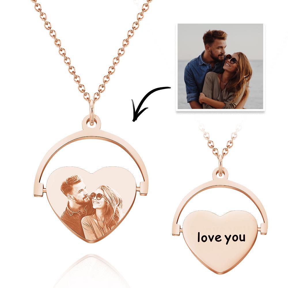 Custom Engraved Heart Photo Necklace Love Flip Pendant for Your Loved Ones - 