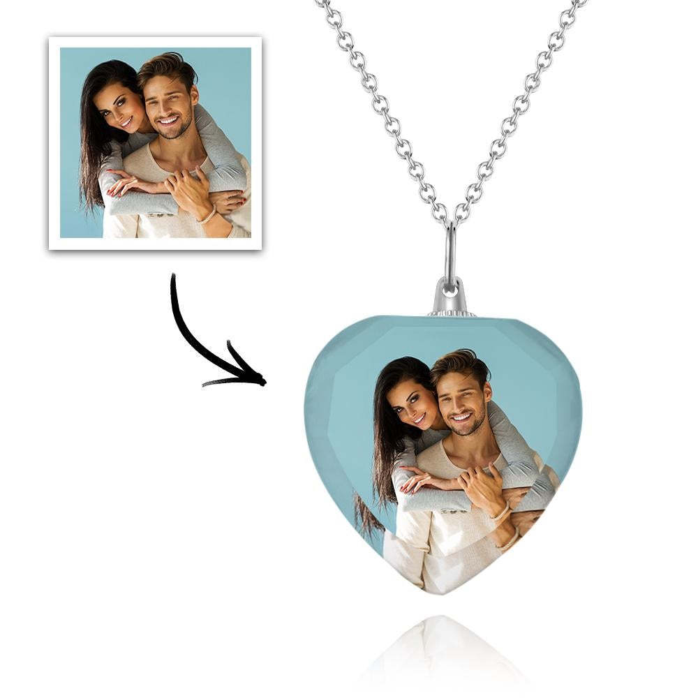 Custom Photo Heart Shaped Crystal Necklace Personalized Charm Pendant Couple's Valentine's Day Gifts - 