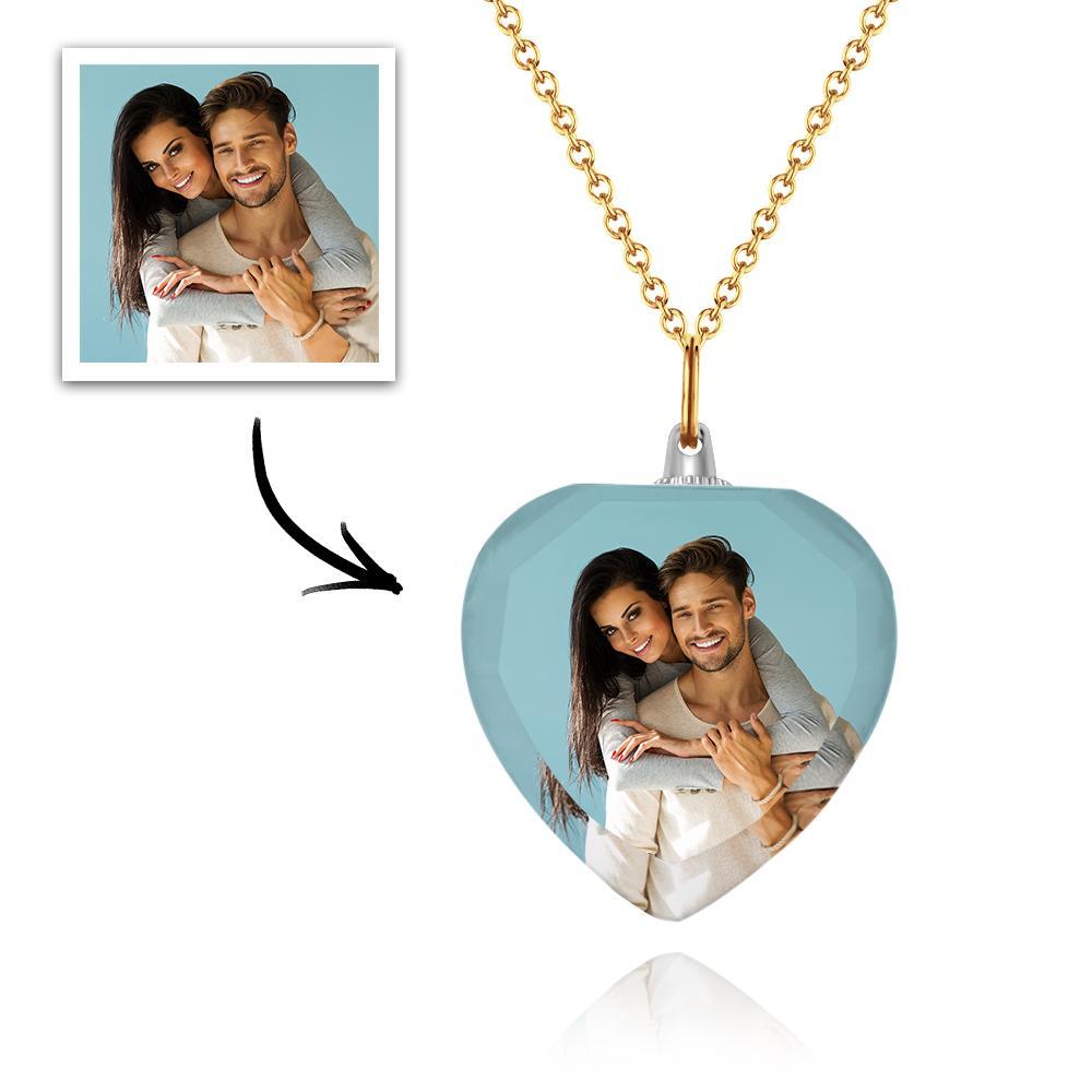 Custom Photo Heart Shaped Crystal Necklace Personalized Charm Pendant Couple's Valentine's Day Gifts - 