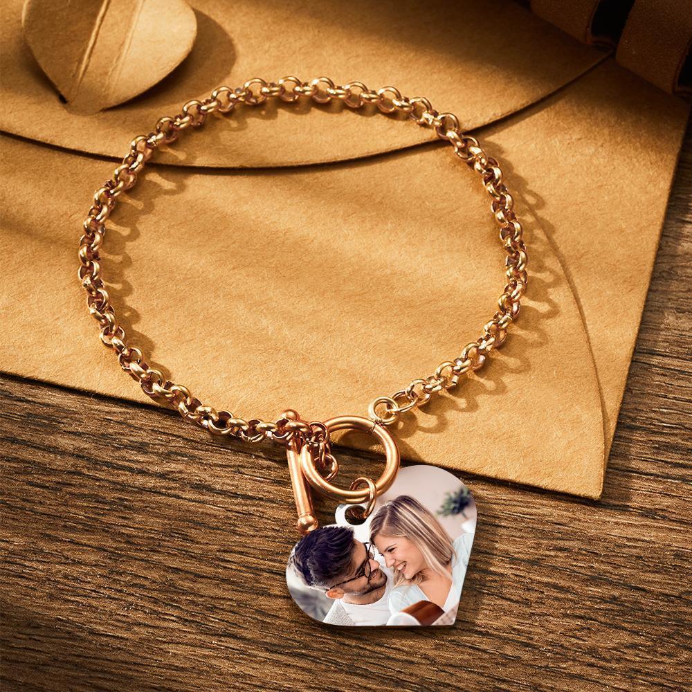 Custom Photo Bracelet with Heart Gifts for Her Rose Gold