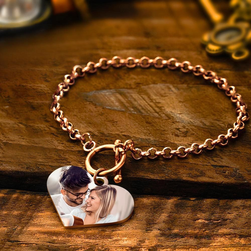 Custom Photo Bracelet with Heart Gifts for Her Rose Gold