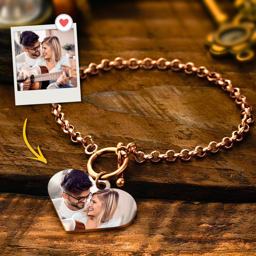 Custom Photo Bracelet with Heart Gifts for Her Rose Gold