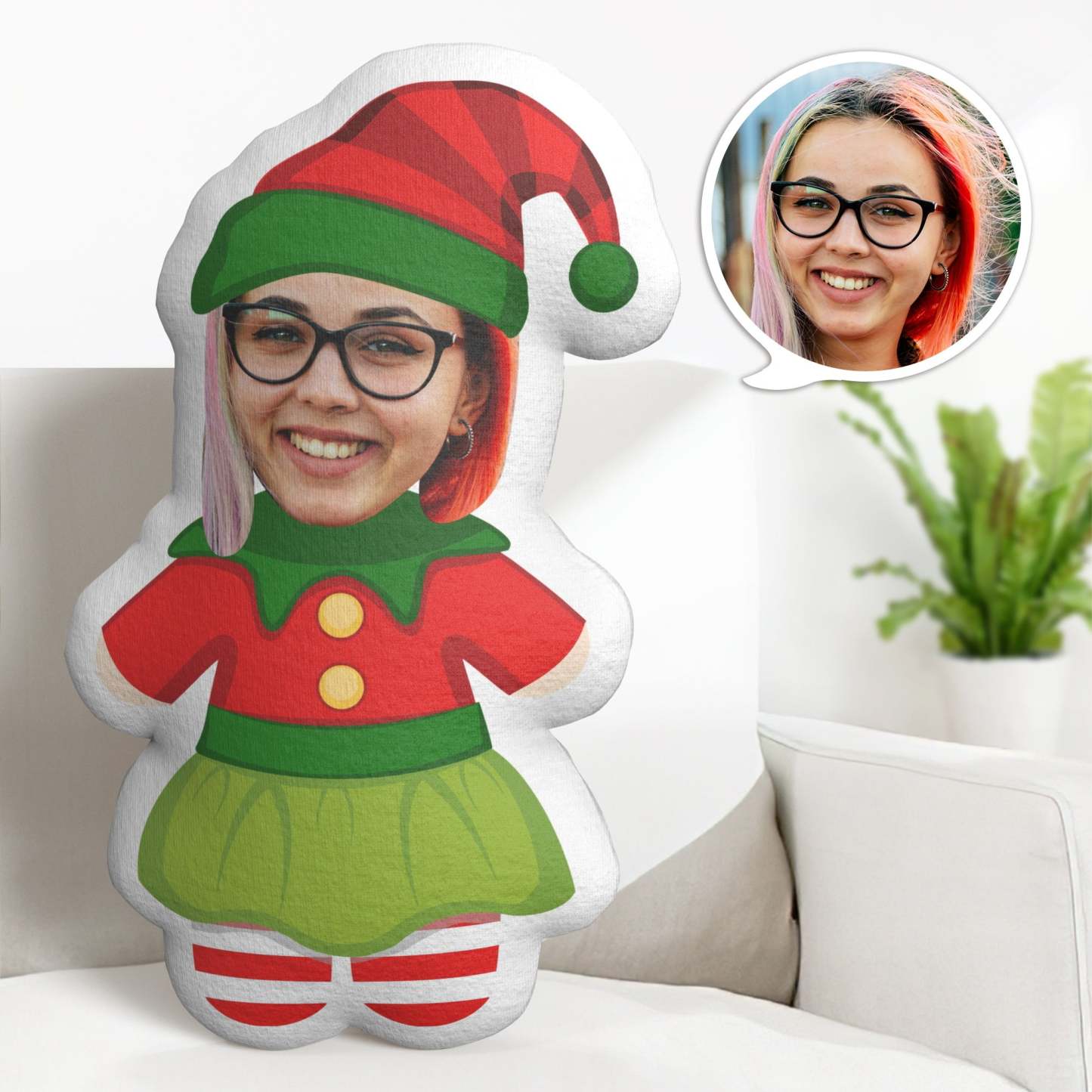 Custom Face Minime Throw Pillow Personalized Christmas Elf Cartoon Minime Throw Pillow Gifts - soufeelus