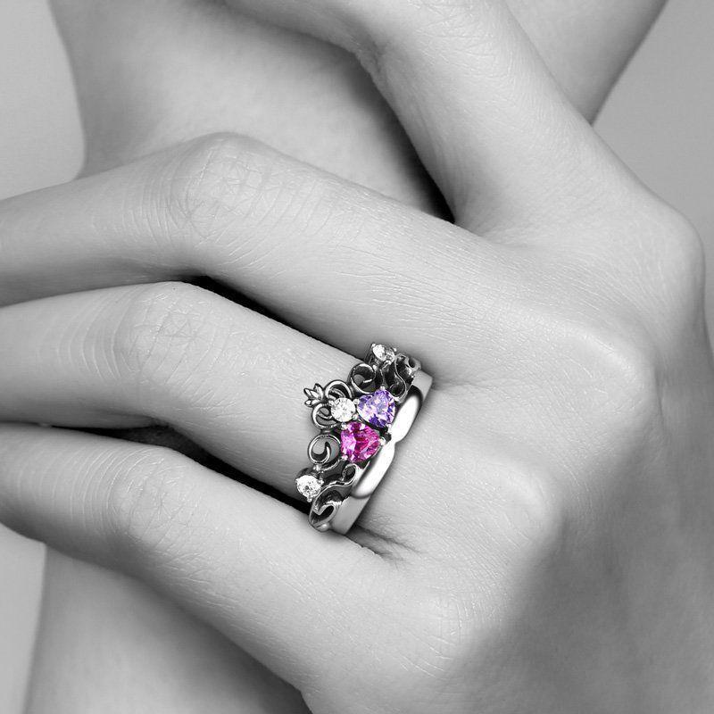 Summer Female Captured Hearts Tiara Ring Pink Purple White 925 Sterling Silver