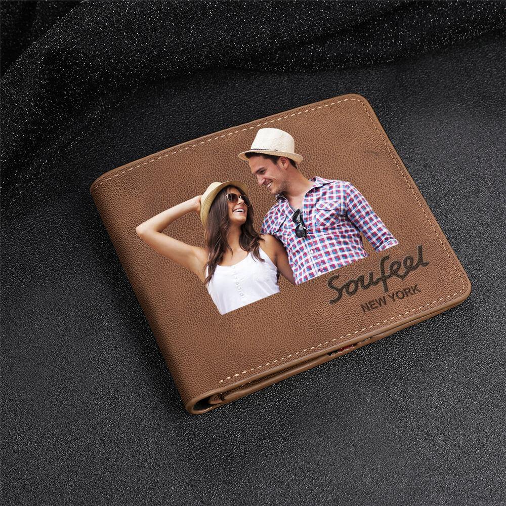 Men's Bifold Custom Inscription Photo Wallet - Brown Leather - soufeelus