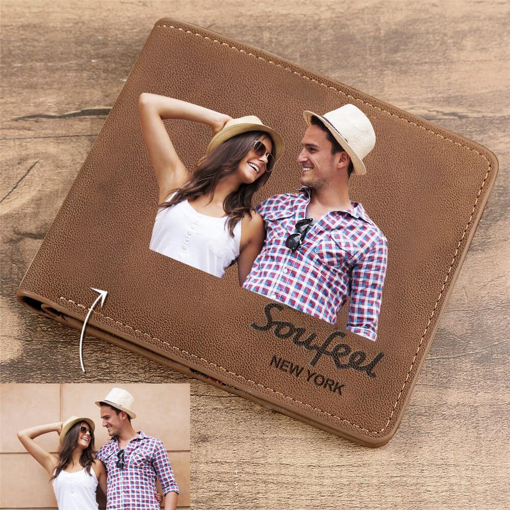 Men's Bifold Custom Inscription Photo Wallet - Brown Leather