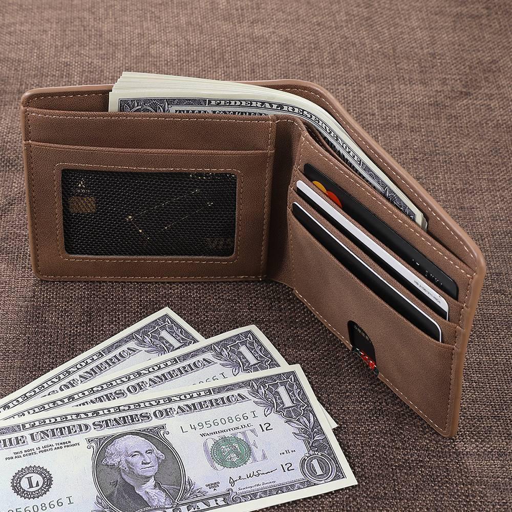 Men's Bifold Custom Inscription Photo Wallet - Brown Leather - soufeelus