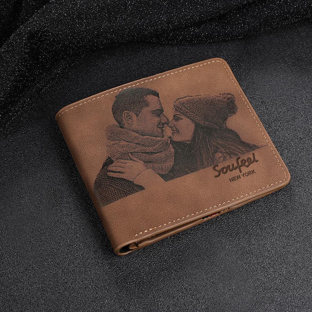 Men's Bifold Custom Inscription Photo Wallet Two Pictures - Brown Leather - soufeelus